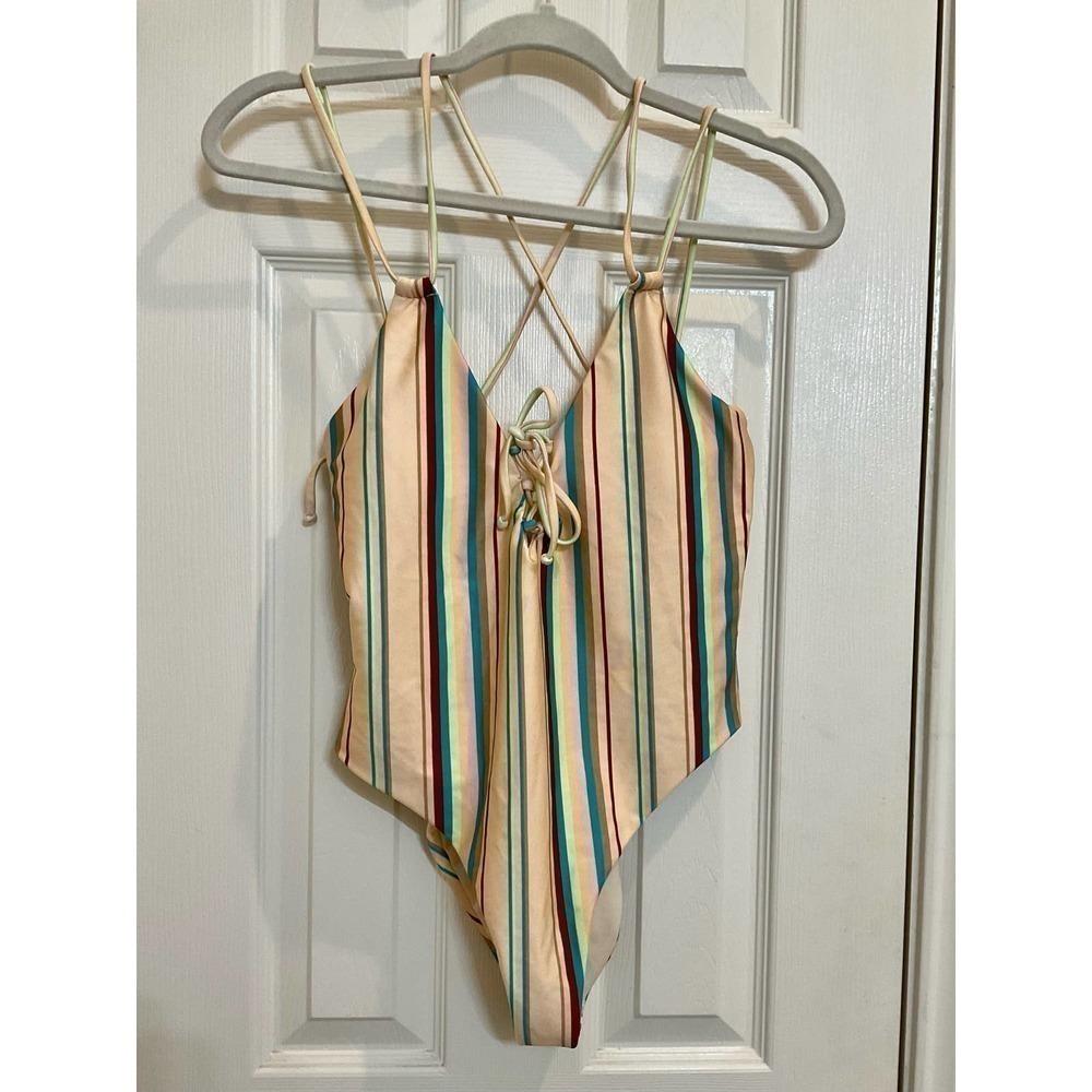 Nwt BeachLingo Beige Striped Strappy V-Neck One-Piece Swimsuit